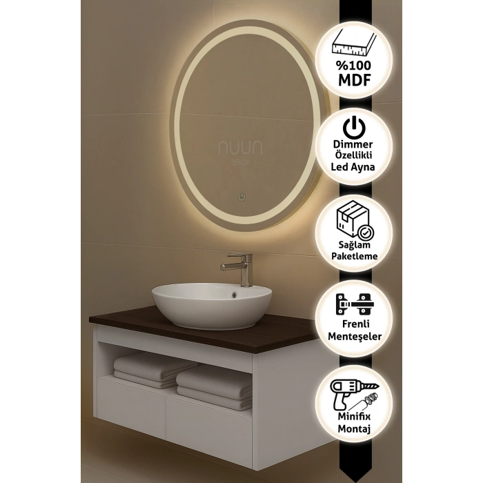 100cm Aurora Banyo Dolabı Seti (Yuvarlak Ledli Dokunmatik Ayna + MDF Lavabo Dolabı + Seramik Lavabo)
