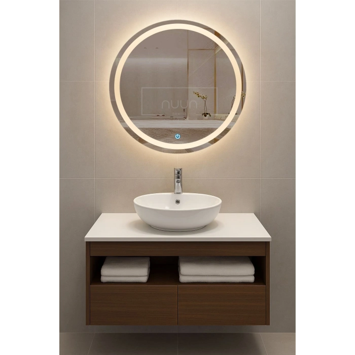 60cm Aurora Banyo Dolabı Seti (Yuvarlak Ledli Dokunmatik Ayna + MDF Lavabo Dolabı + Seramik Lavabo)