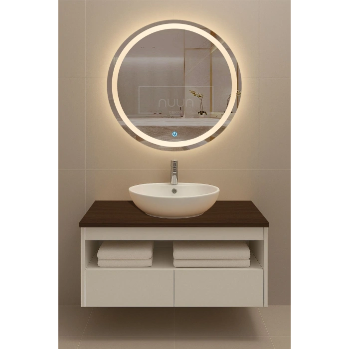 80cm Aurora Banyo Dolabı Seti (Yuvarlak Ledli Dokunmatik Ayna + MDF Lavabo Dolabı + Seramik Lavabo)
