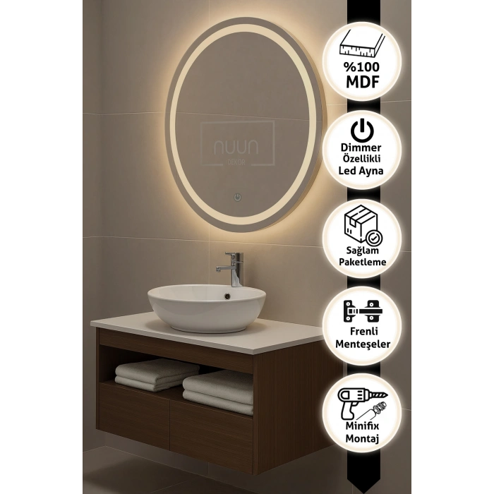 80cm Aurora Banyo Dolabı Seti (Yuvarlak Ledli Dokunmatik Ayna + MDF Lavabo Dolabı + Seramik Lavabo)