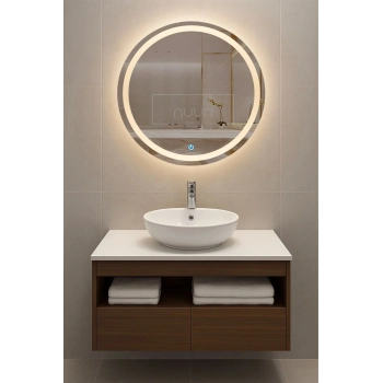 100cm Aurora Banyo Dolabı Seti (Yuvarlak Ledli Dokunmatik Ayna + MDF Lavabo Dolabı + Seramik Lavabo)