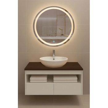 100cm Aurora Banyo Dolabı Seti (Yuvarlak Ledli Dokunmatik Ayna + MDF Lavabo Dolabı + Seramik Lavabo)