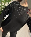 İnci Detaylı Siyah Triko Kazak