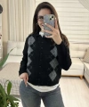 Siyah Ekose Desenli Triko Hırka