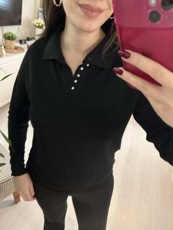 Siyah Polo Yaka Düğme Detaylı Kadın Bluz
