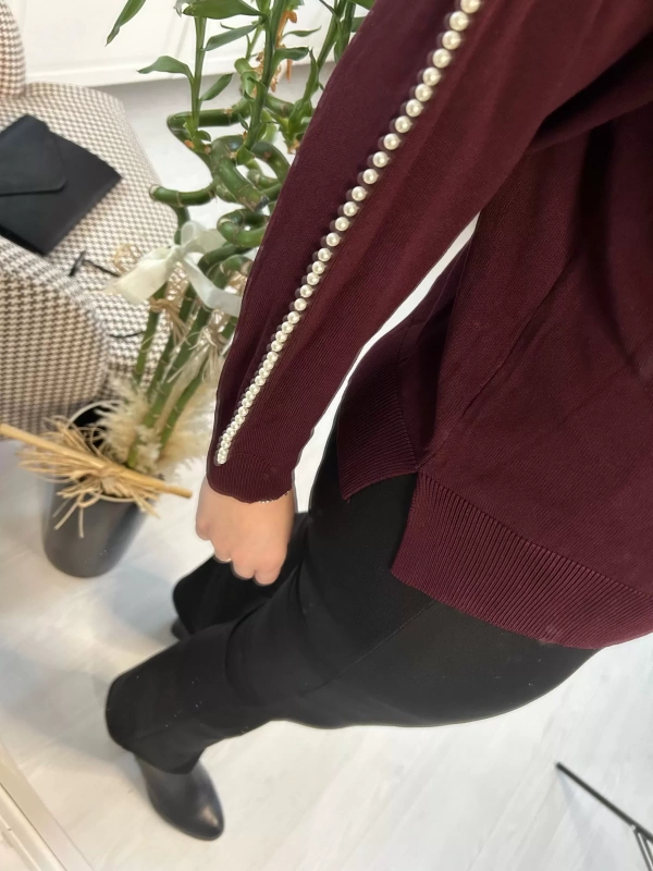 İnci Detaylı Bordo Triko Kazak