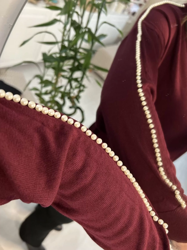 İnci Detaylı Bordo Triko Kazak