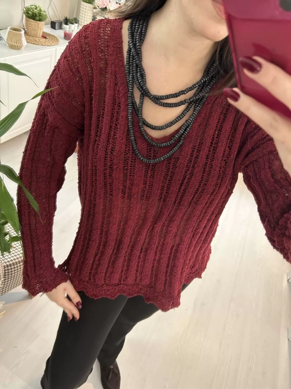 Bordo Dantel Görünümlü Triko Kadın Bluz