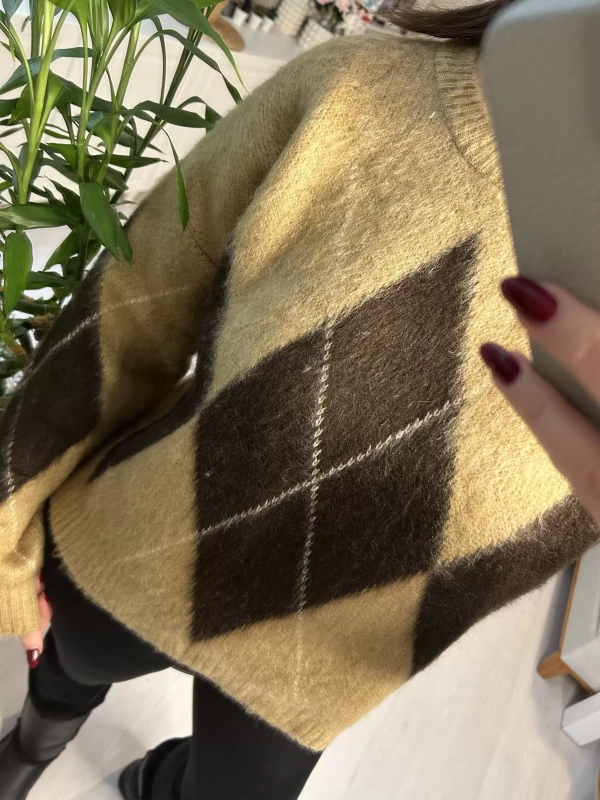 Baklava Desenli Oversize Triko Kazak