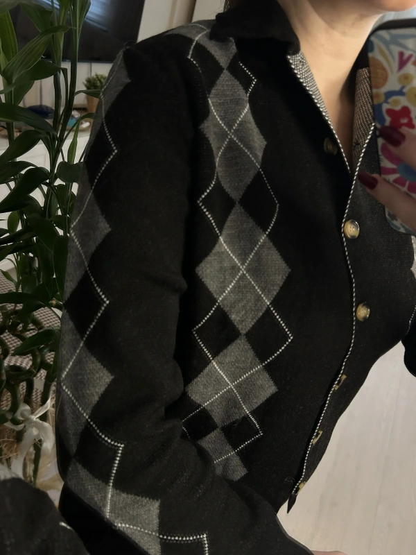 Siyah Gri Baklava Desenli Gömlek Yaka Düğmeli Triko Hırka