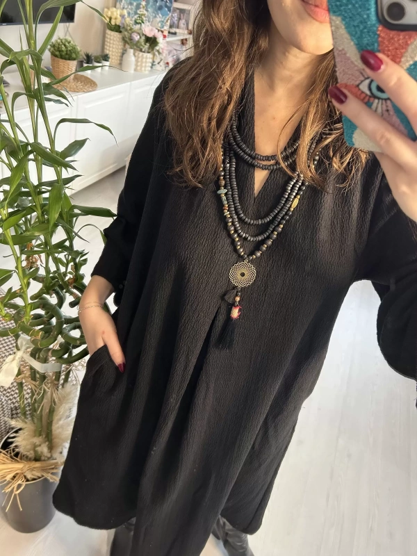Siyah Oversize Uzun V Yaka Elbise