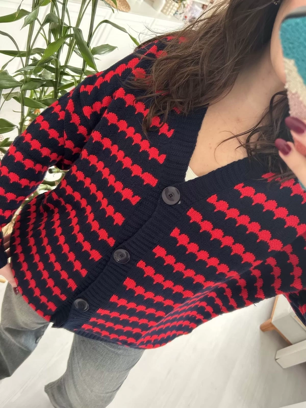 Kırmızı Desenli Lacivert Düğmeli Triko Hırka