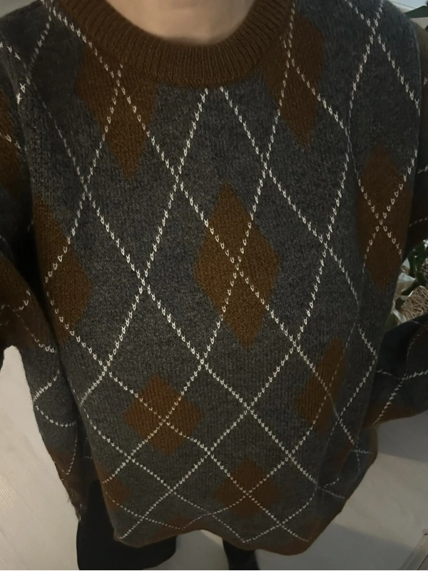 Kahve Gri Baklava Desenli Oversize Triko Kazak