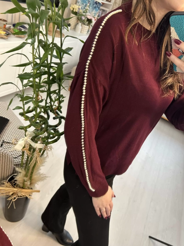 İnci Detaylı Bordo Triko Kazak