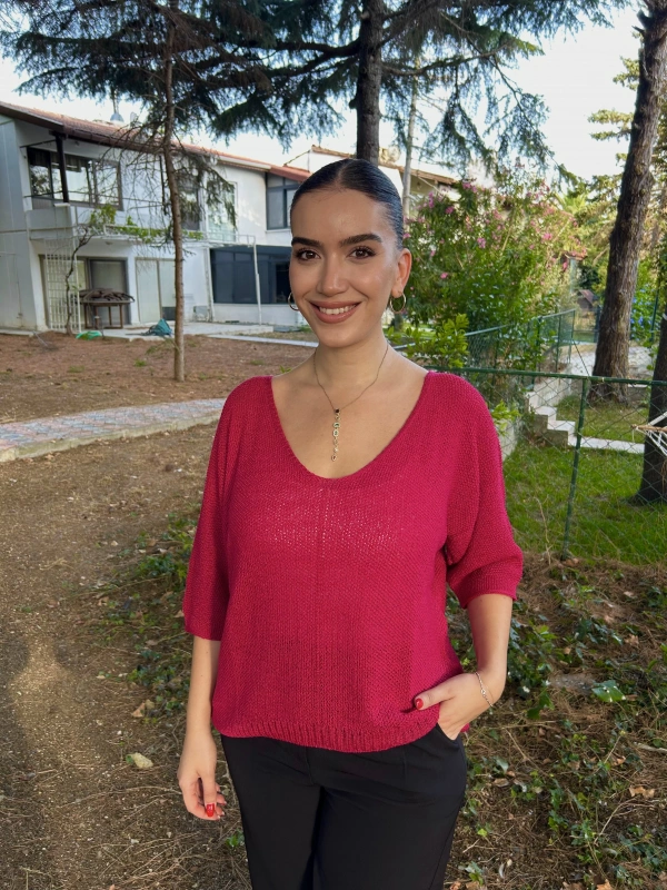 Kadın Fuşya Salaş Merserize Triko Bluz