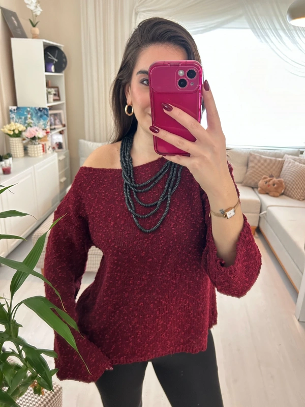 Bordo Yuvarlak Yaka Triko Kazak