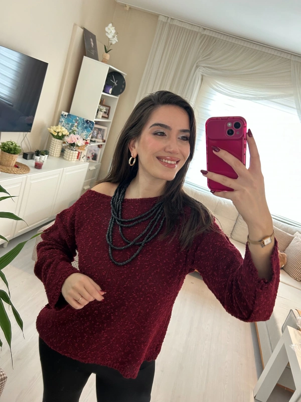 Bordo Yuvarlak Yaka Triko Kazak