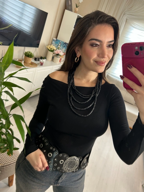 Siyah Tek Omuz Detaylı Kadın Bluz