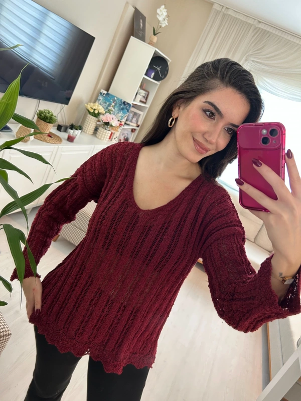 Bordo Dantel Görünümlü Triko Kadın Bluz