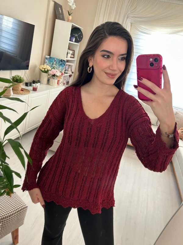 Bordo Dantel Görünümlü Triko Kadın Bluz