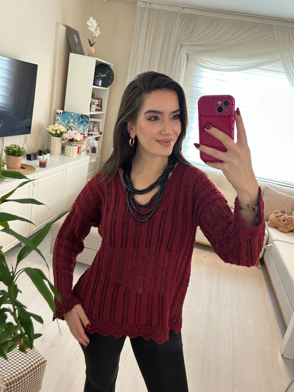 Bordo Dantel Görünümlü Triko Kadın Bluz