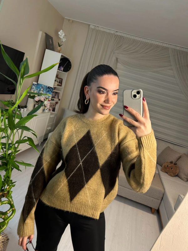 Baklava Desenli Oversize Triko Kazak