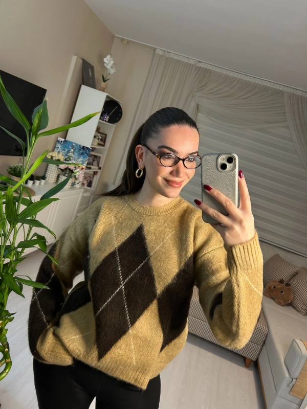 Baklava Desenli Oversize Triko Kazak