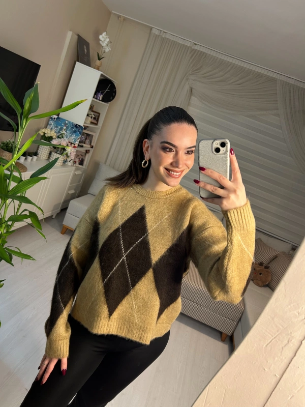 Baklava Desenli Oversize Triko Kazak