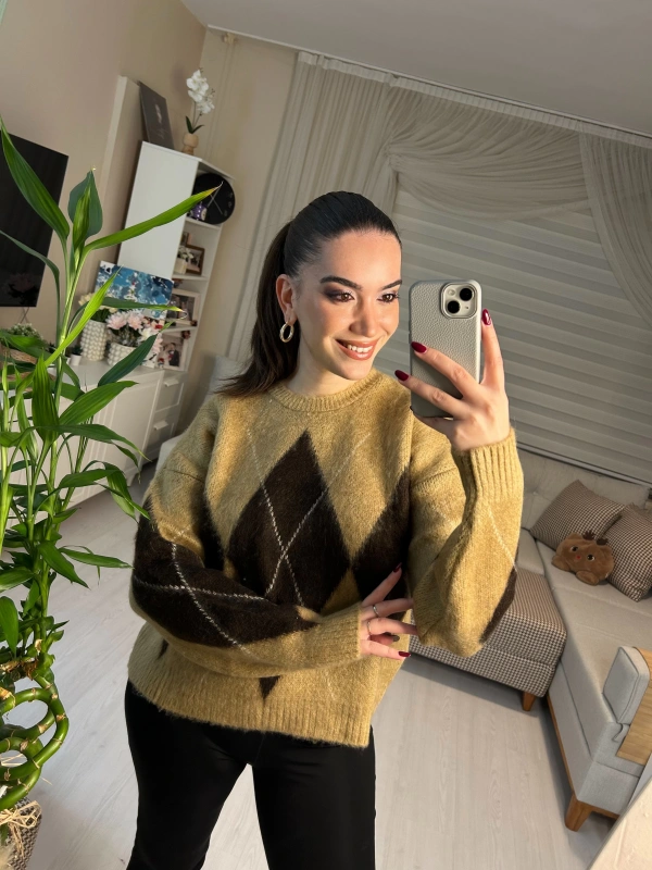 Baklava Desenli Oversize Triko Kazak