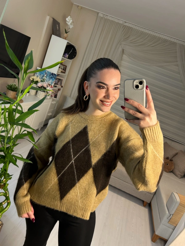 Baklava Desenli Oversize Triko Kazak