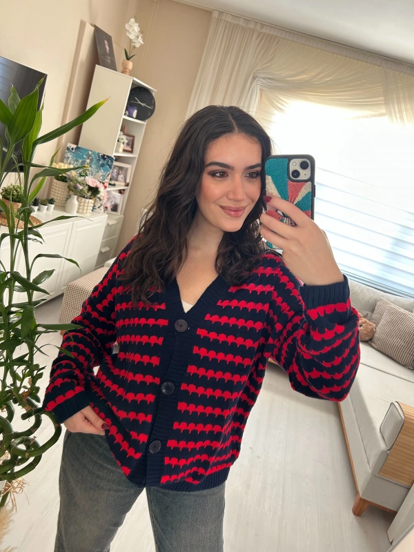 Kırmızı Desenli Lacivert Düğmeli Triko Hırka