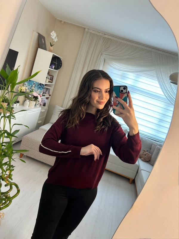 İnci Detaylı Bordo Triko Kazak