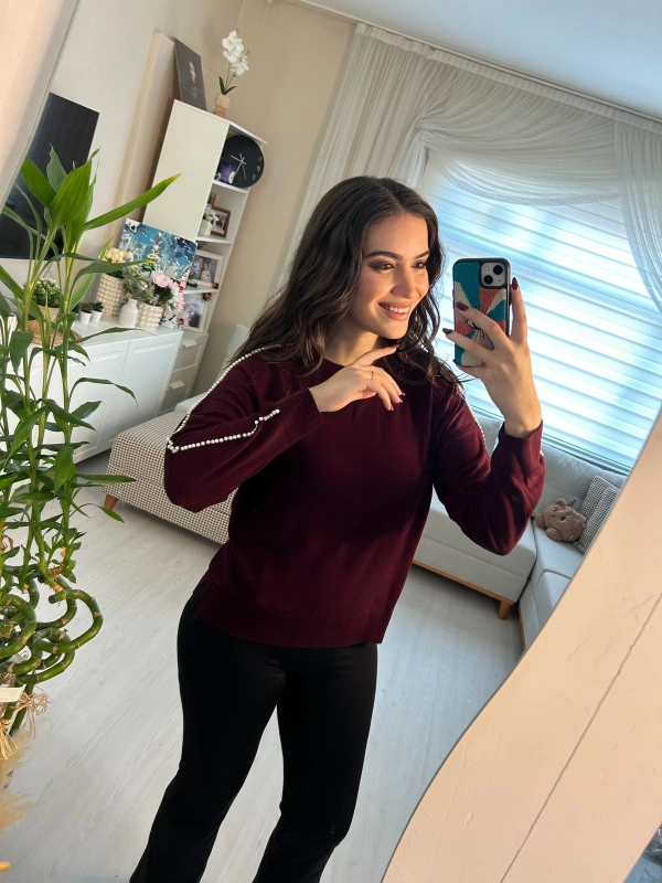 İnci Detaylı Bordo Triko Kazak