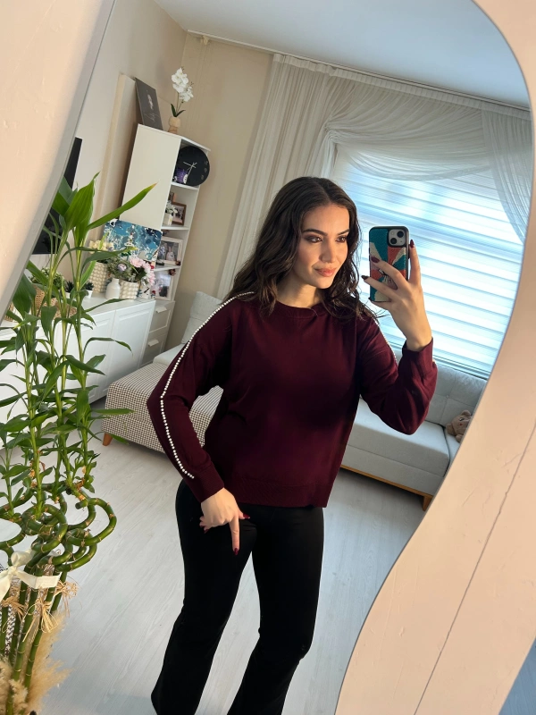 İnci Detaylı Bordo Triko Kazak
