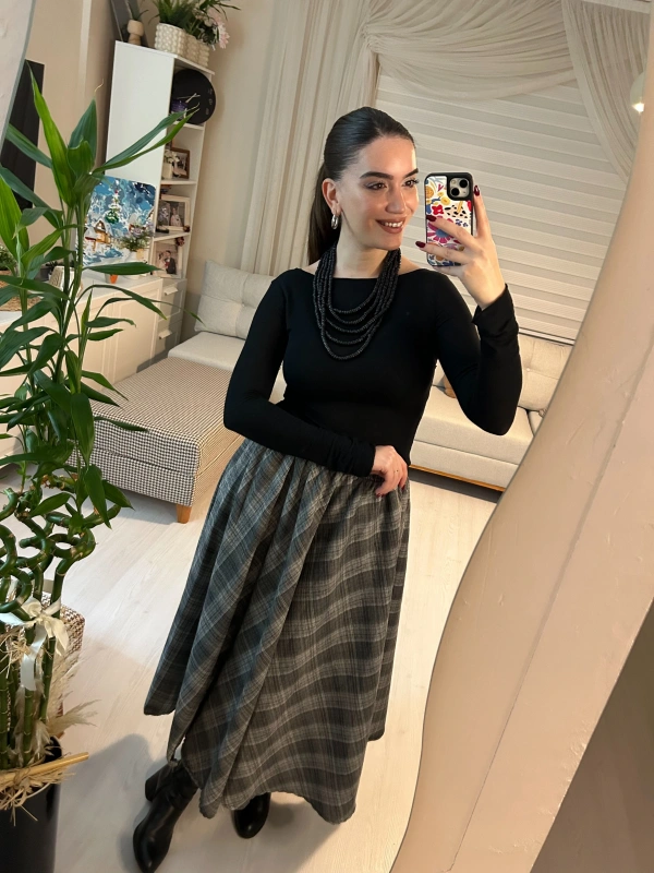 Füme Ekose Desenli Kloş Midi Etek