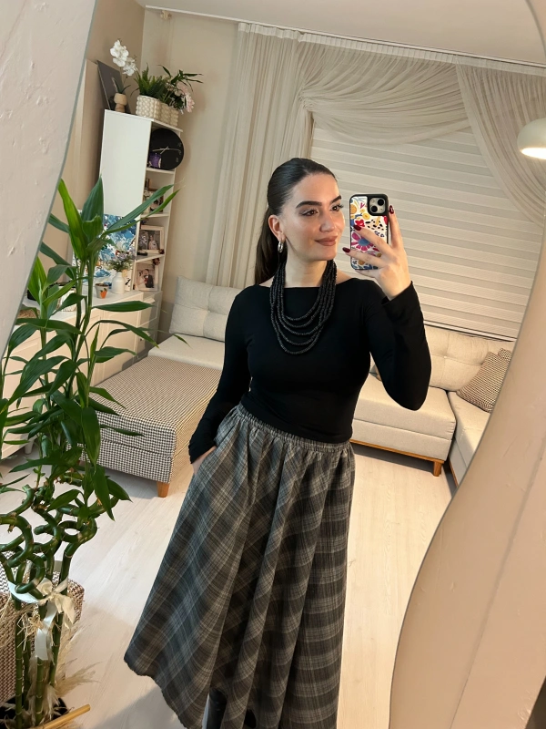 Füme Ekose Desenli Kloş Midi Etek