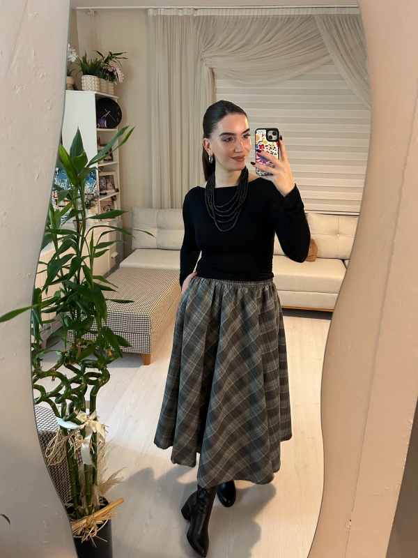 Füme Ekose Desenli Kloş Midi Etek