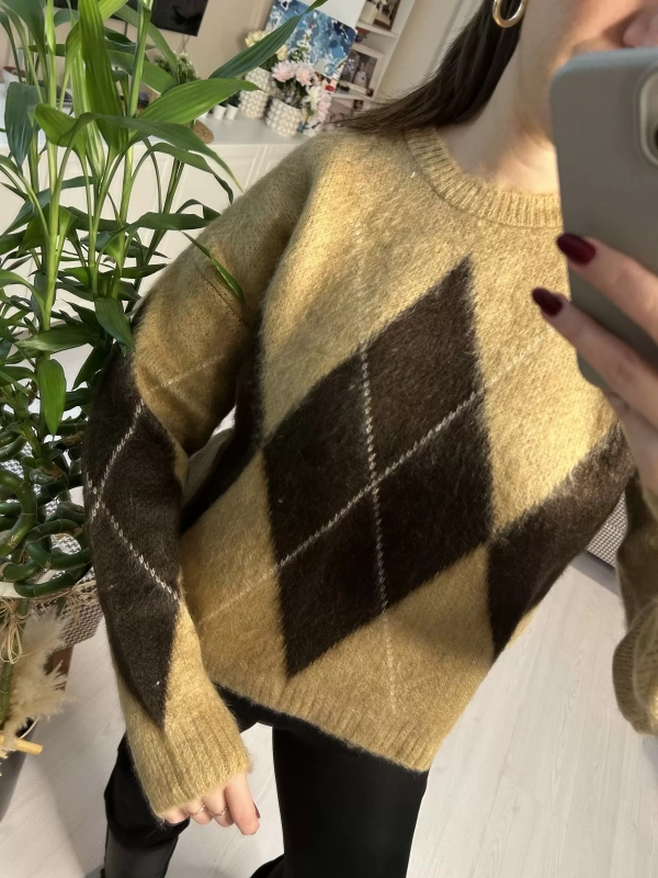 Baklava Desenli Oversize Triko Kazak