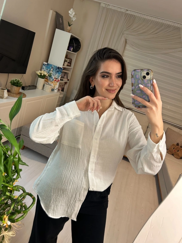 Kadın Beyaz Salaş Dokulu Gömlek