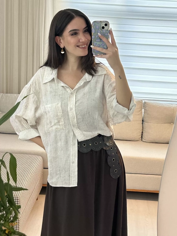 Kadın Ekru Salaş Keten Gömlek