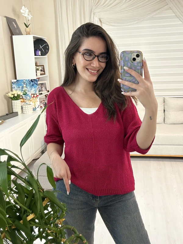Kadın Fuşya Salaş Merserize Triko Bluz