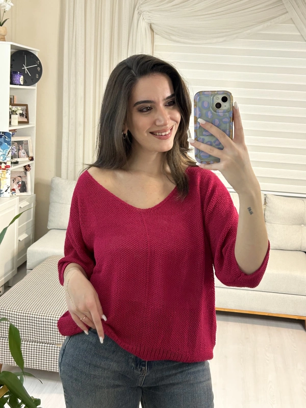 Kadın Fuşya Salaş Merserize Triko Bluz