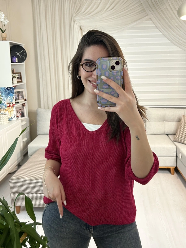 Kadın Fuşya Salaş Merserize Triko Bluz