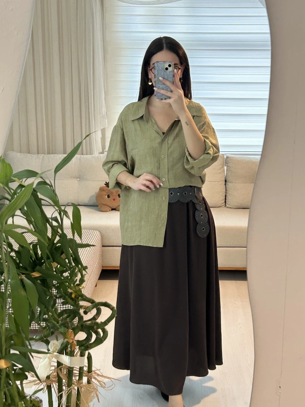 Oversize Hakim Yaka Cep Detaylı Kadın Gömlek – Haki