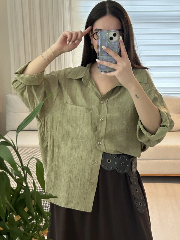 Oversize Hakim Yaka Cep Detaylı Kadın Gömlek – Haki