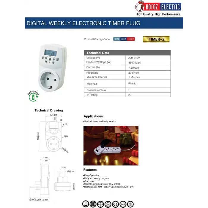 Horoz Timer-2 Dijital Ayar Zaman Saati Prizi Rolesi Haftalık 20 Programlı Açma-Kapama