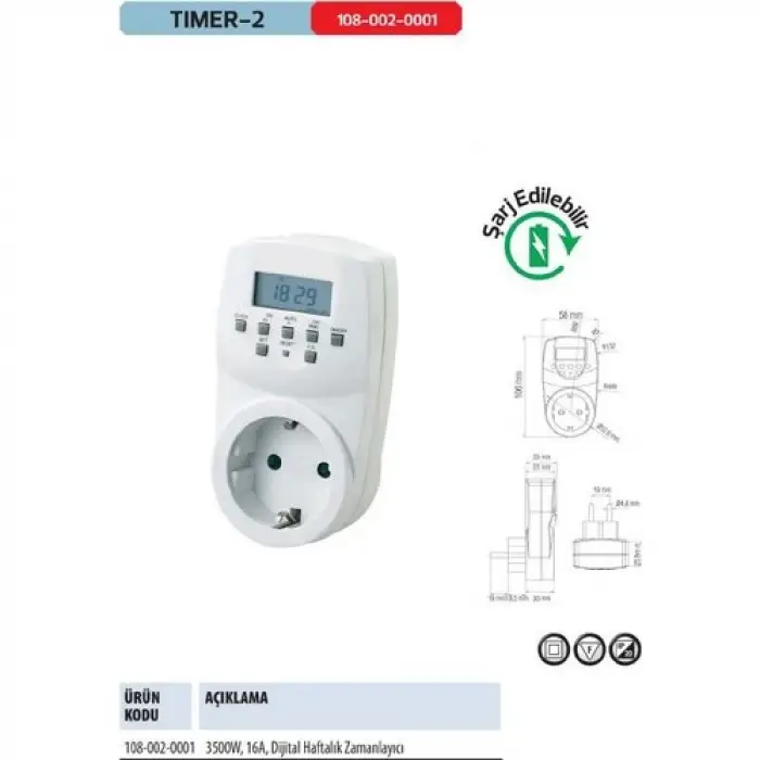 Horoz Timer-2 Dijital Ayar Zaman Saati Prizi Rolesi Haftalık 20 Programlı Açma-Kapama