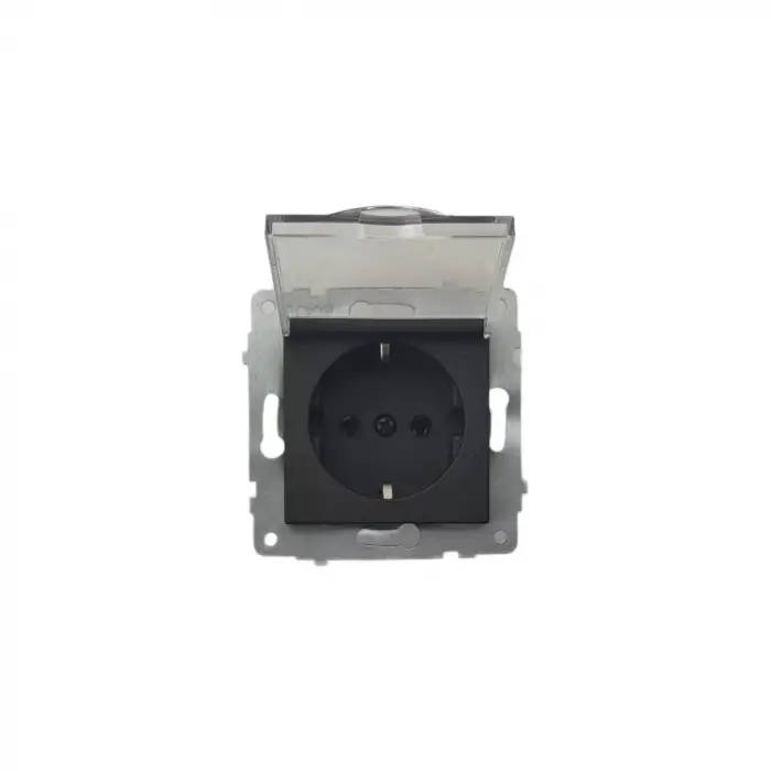 Ovivo Grano Siyah Kapaklı Topraklı Priz (Çerçevesiz)