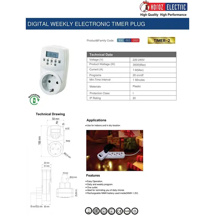Horoz Timer-2 Dijital Ayar Zaman Saati Prizi Rolesi Haftalık 20 Programlı Açma-Kapama