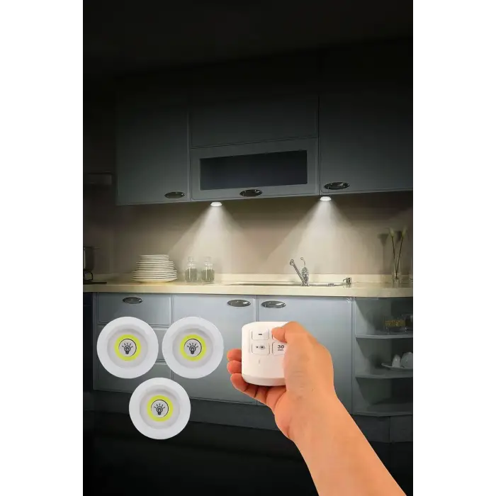 Uzaktan Kumandalı Yapışkanlı Kablosuz Pilli 3lü Spot Lamba Beyaz Işıklı Mutfak Dolap Altı Işığı KKS103